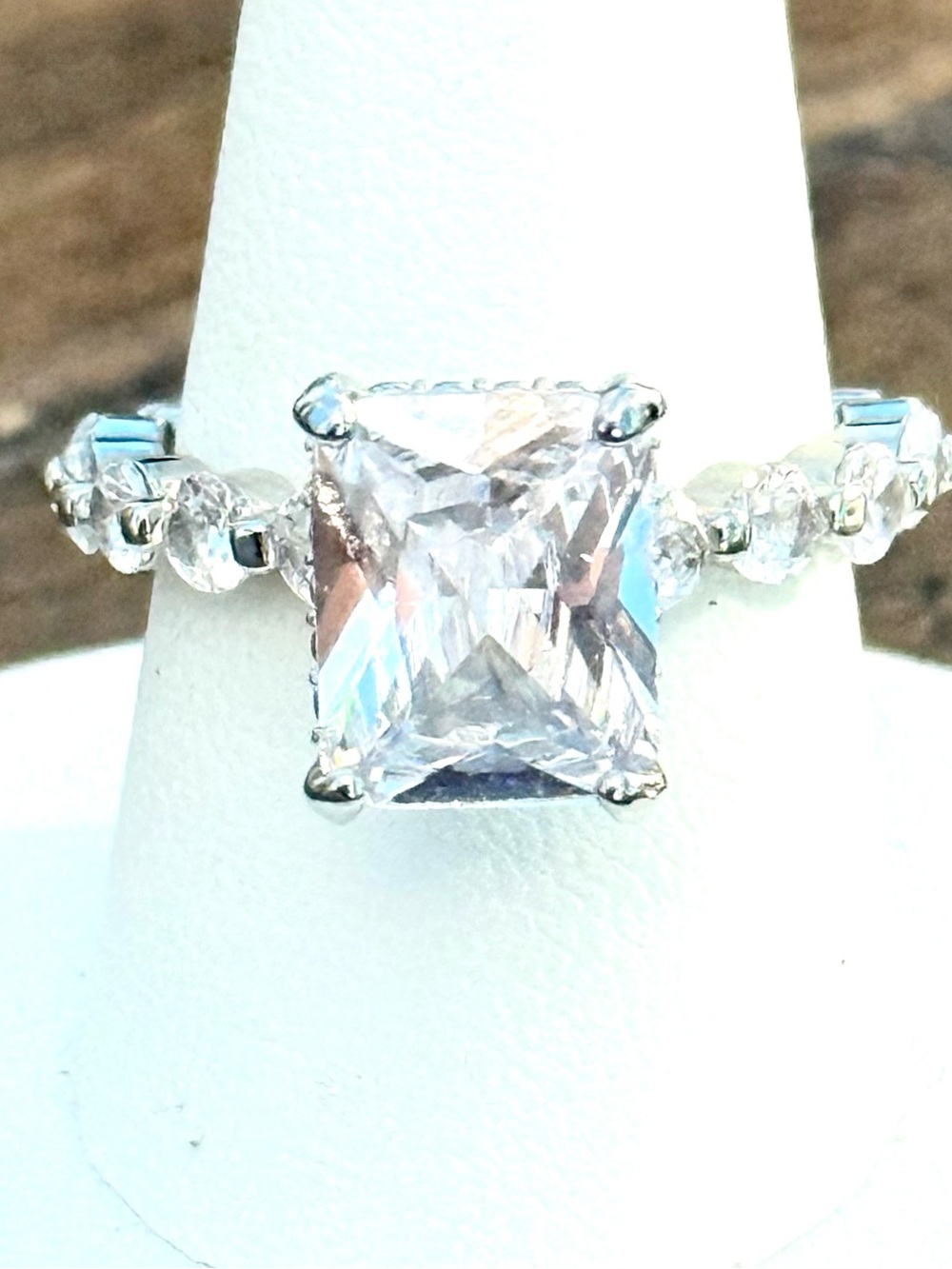10mm Emerald Cut Sterling Silver CZ Solitaire Engagement Ring 7